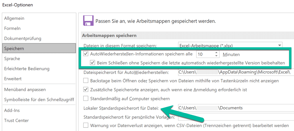 AutoWiederherstellen-Information speichern Excel