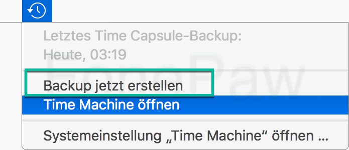 Mac Time Machine Backup jetzt erstellen in der Menüleiste