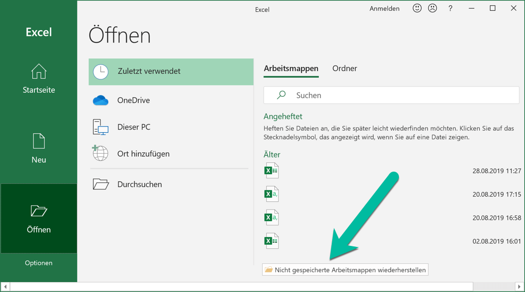 Nicht gespeicherte Arbeitsmappen wiederherstellen Excel