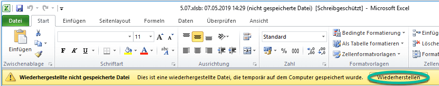 Wiederhergestellte nicht gespeicherte Excel-Datei öffnen