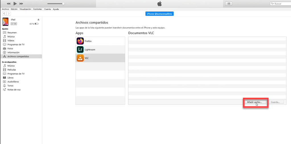 Añadir archivos compartidos en iTunes