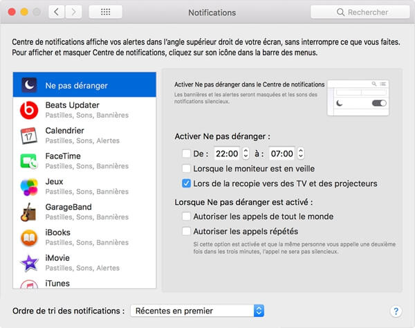 Désactiver notifications temporairement sur mac avec Ne pas déranger