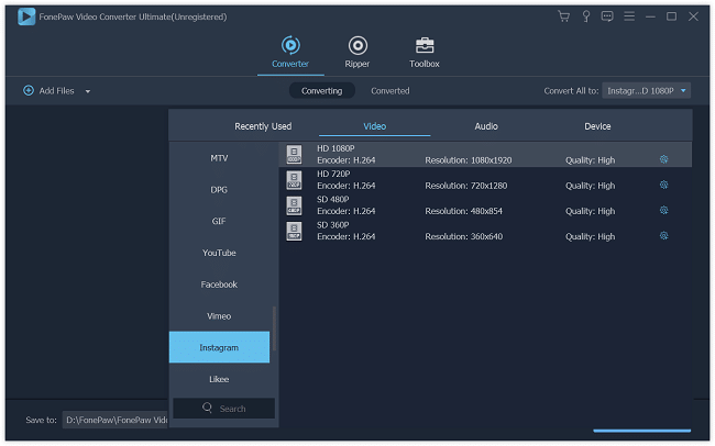 Select Output Format As Instagram