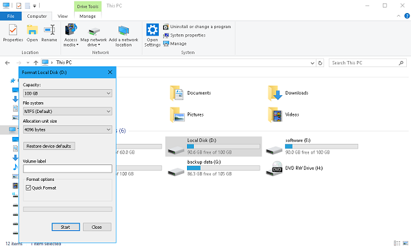 Format Hard Drive on File Explorer