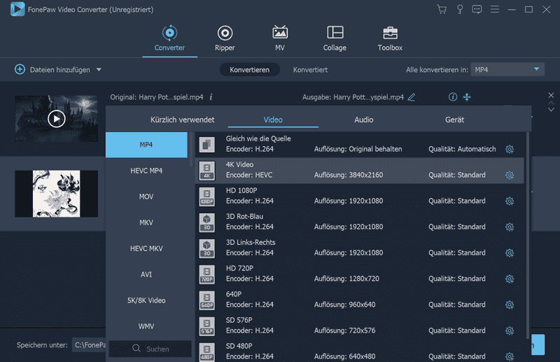 Das gewünschte Konvertierungsformat wählen