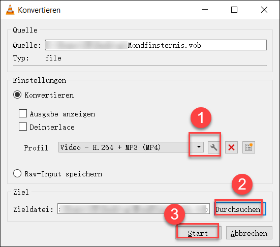 Die Einstellungen vornehmen und auf  „Start“ klicken