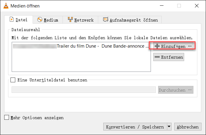  „Hinzufügen“ wählen (VLC)