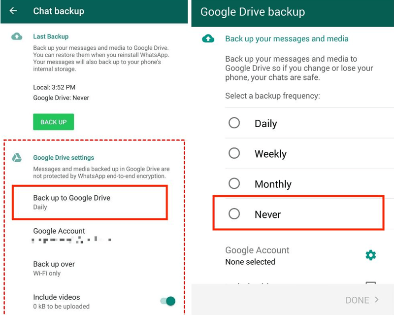 Choose Google Drive Backup Frequency Never