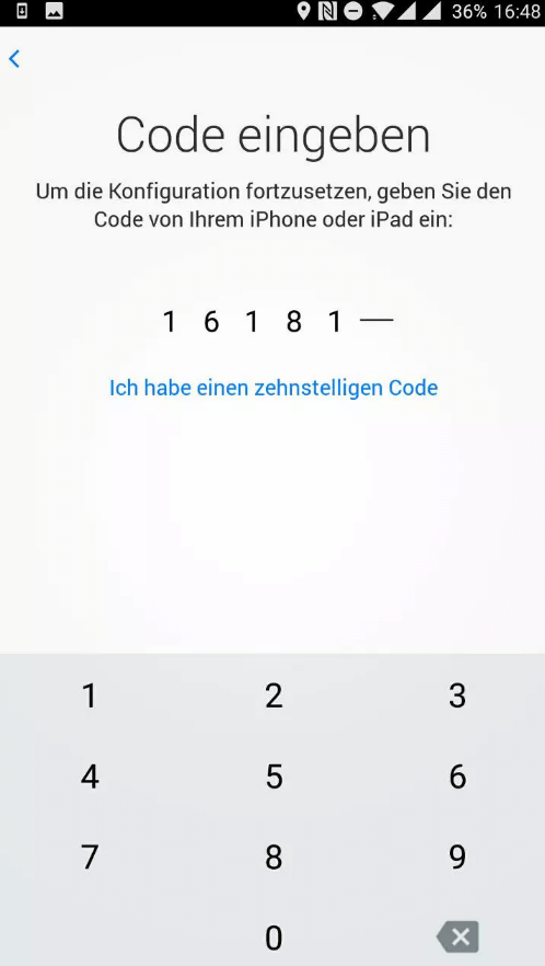 Code auf dem Samsung in Auf iOS übertragen eingeben