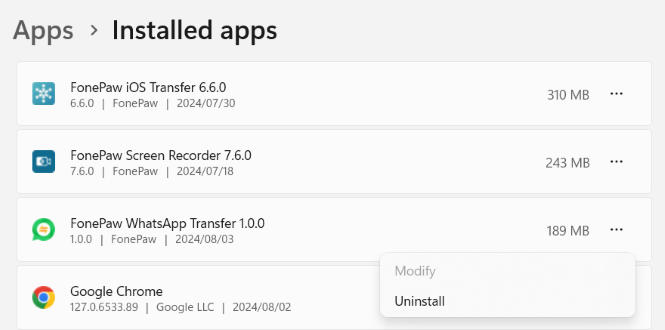 Find FonePaw WhatsApp Transfer in Control Panel