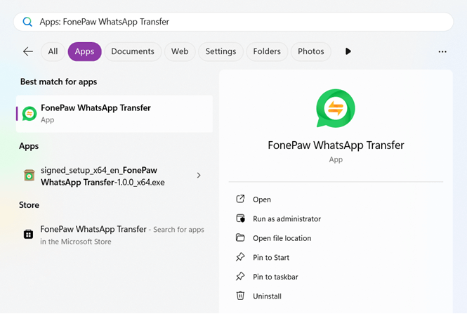 Find FonePaw WhatsApp Transfer on Windows