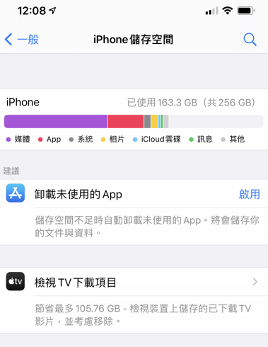 根據 iPhone 建議釋放儲存空間