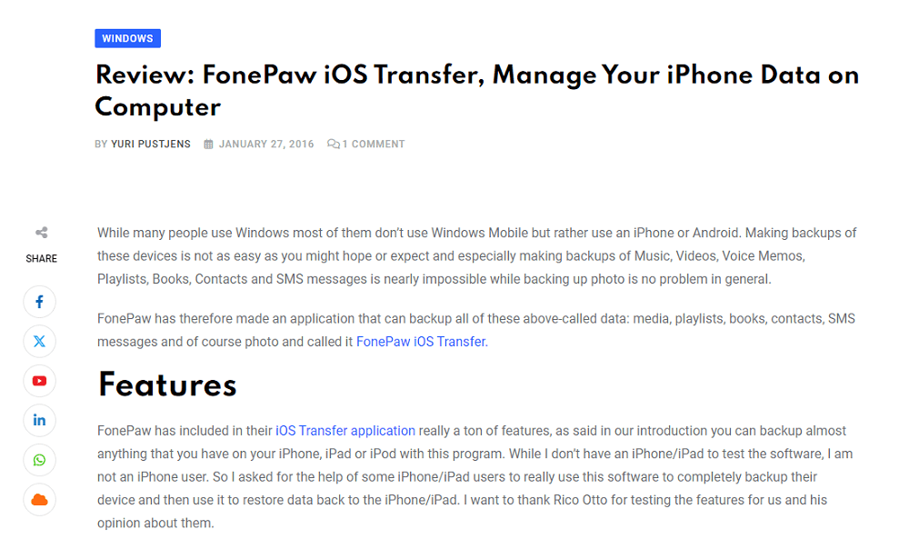 FonePaw iOS Transfer Article Review