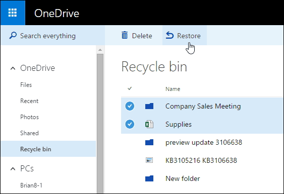 OneDrive 還原資源回收桶刪除檔案