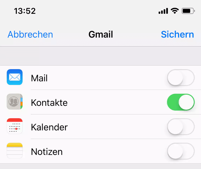 Option „Kontakte“ auswählen