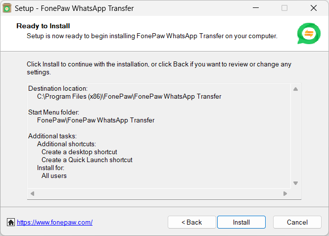 Ready to Install FonePaw WhatsApp Transfer