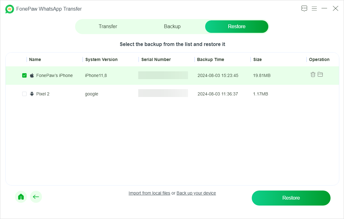 FonePaw WhatsApp Transfer Backups