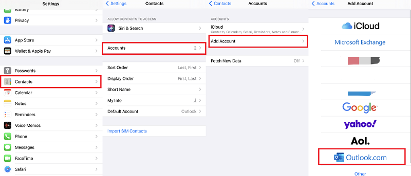 Sync Contacts from Outlook on iPhone Settings