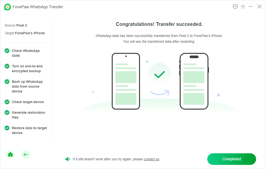 FonePaw WhatsApp Transfer Complete Transfer Page